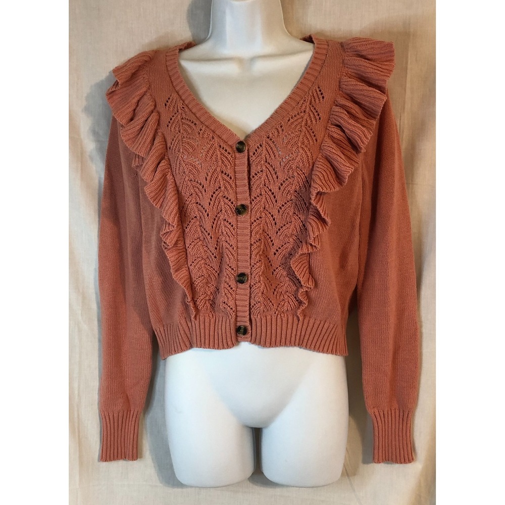 LC Lauren Conrad Women's Ruffle Pointelle Cardigan Sweater Blush Pink Size S